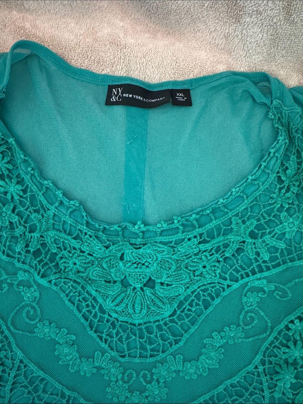 New York & Company Teal Crochet Lace Scoop Neck Blouse